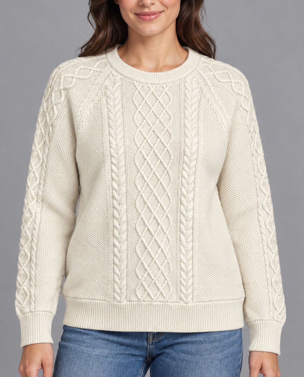 Gap Sweater Womens XL Ivory Cable Knit Cotton Crewneck Raglan Fisherman Pullover